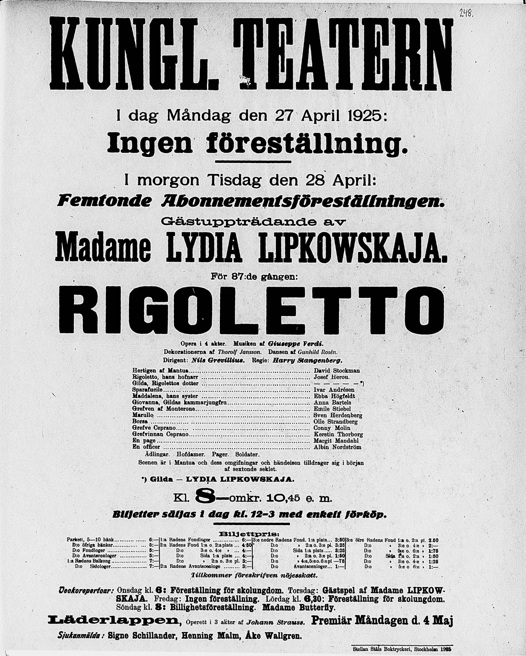 Dagens affisch för ca hundra år sedan